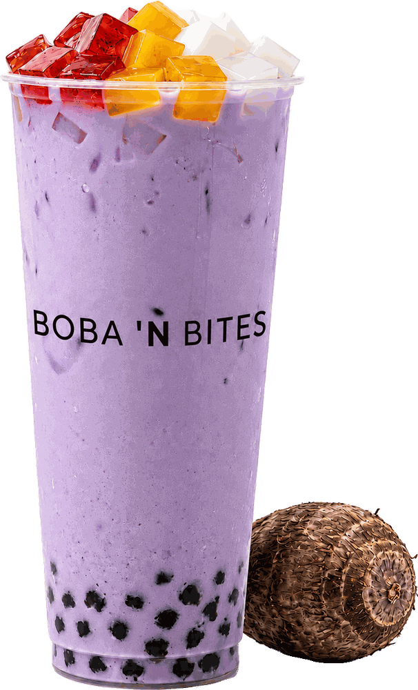 Taro milk tea in a Boba &rsquo;N Bites cup, topped with jelly and boba